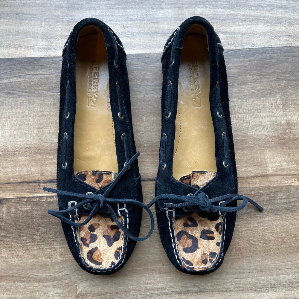 Sperry leopard ponyhair black moccasin
